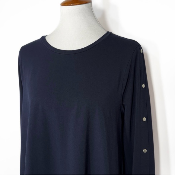 Chico’s Navy Blue Snap Button Long Sleeve Pima Cotton Knit Tunic Top Tee L - Picture 2 of 10